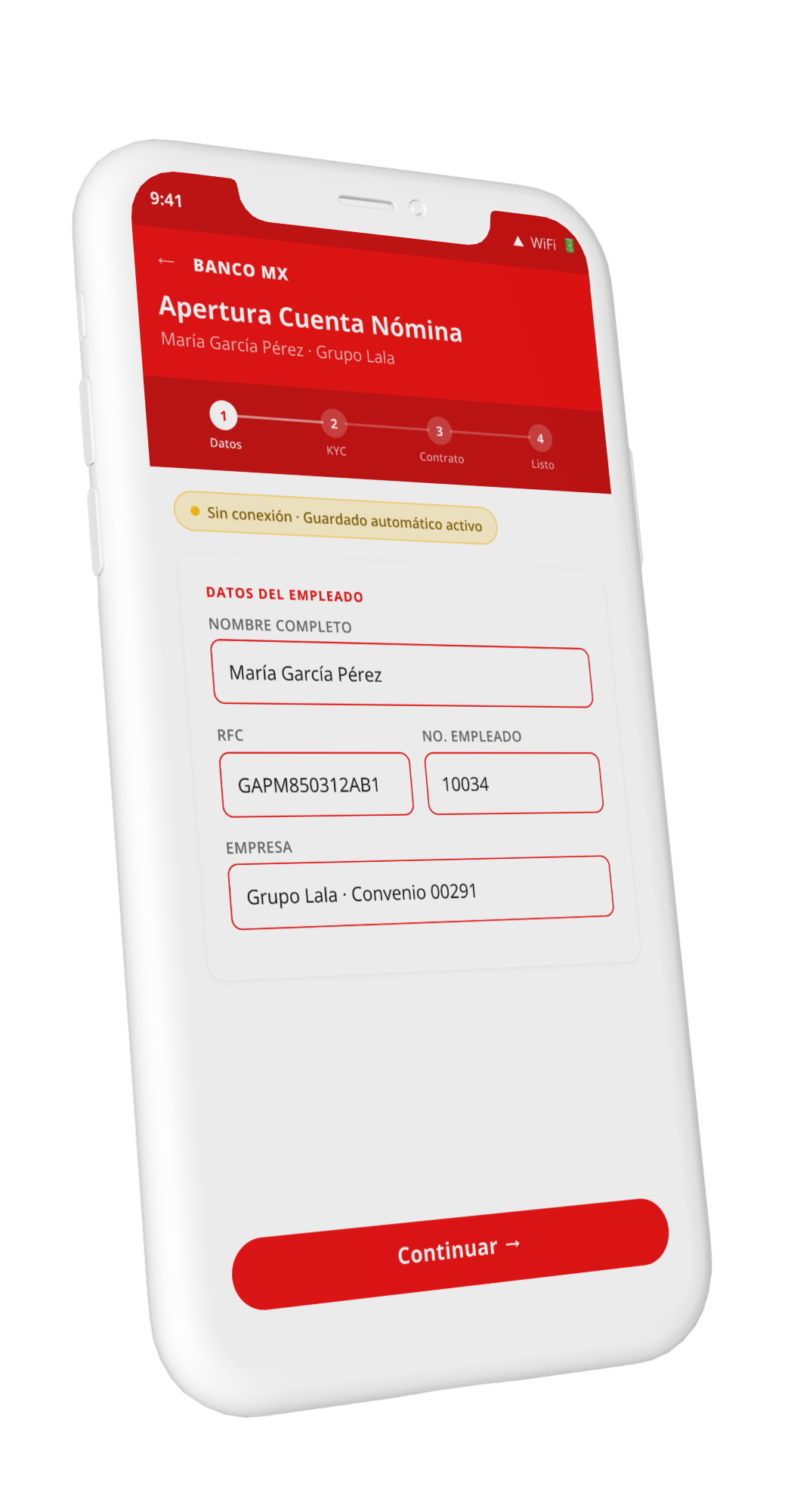 Simulación del momento de handoff: pantalla de transición del asesor al empleado para validación de identidad