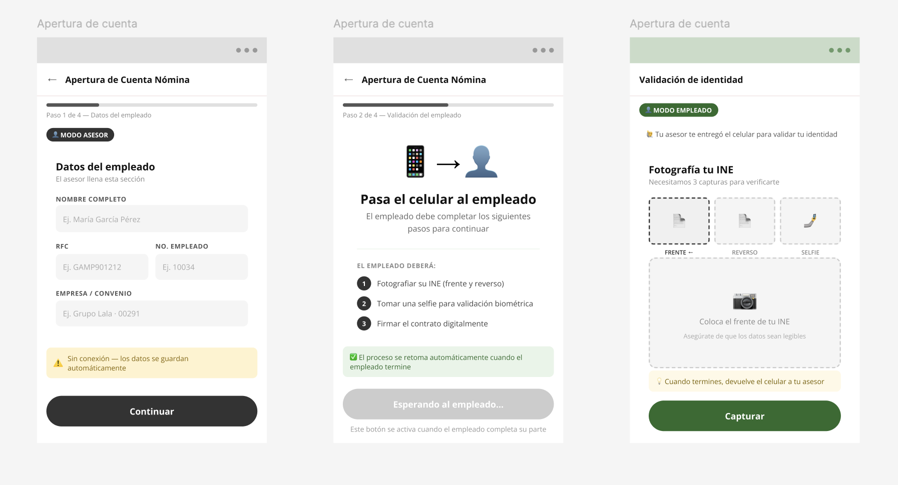 Wireframes del flujo rediseñado: vista del asesor, momento de handoff y pantalla del empleado para KYC