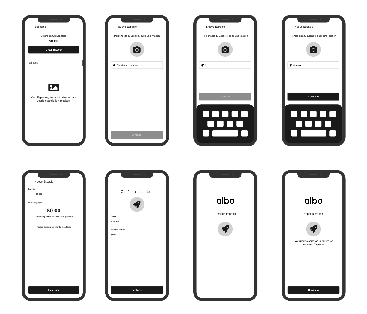 Wireframes de Espacios — exploración de layouts y jerarquía visual antes del diseño final
